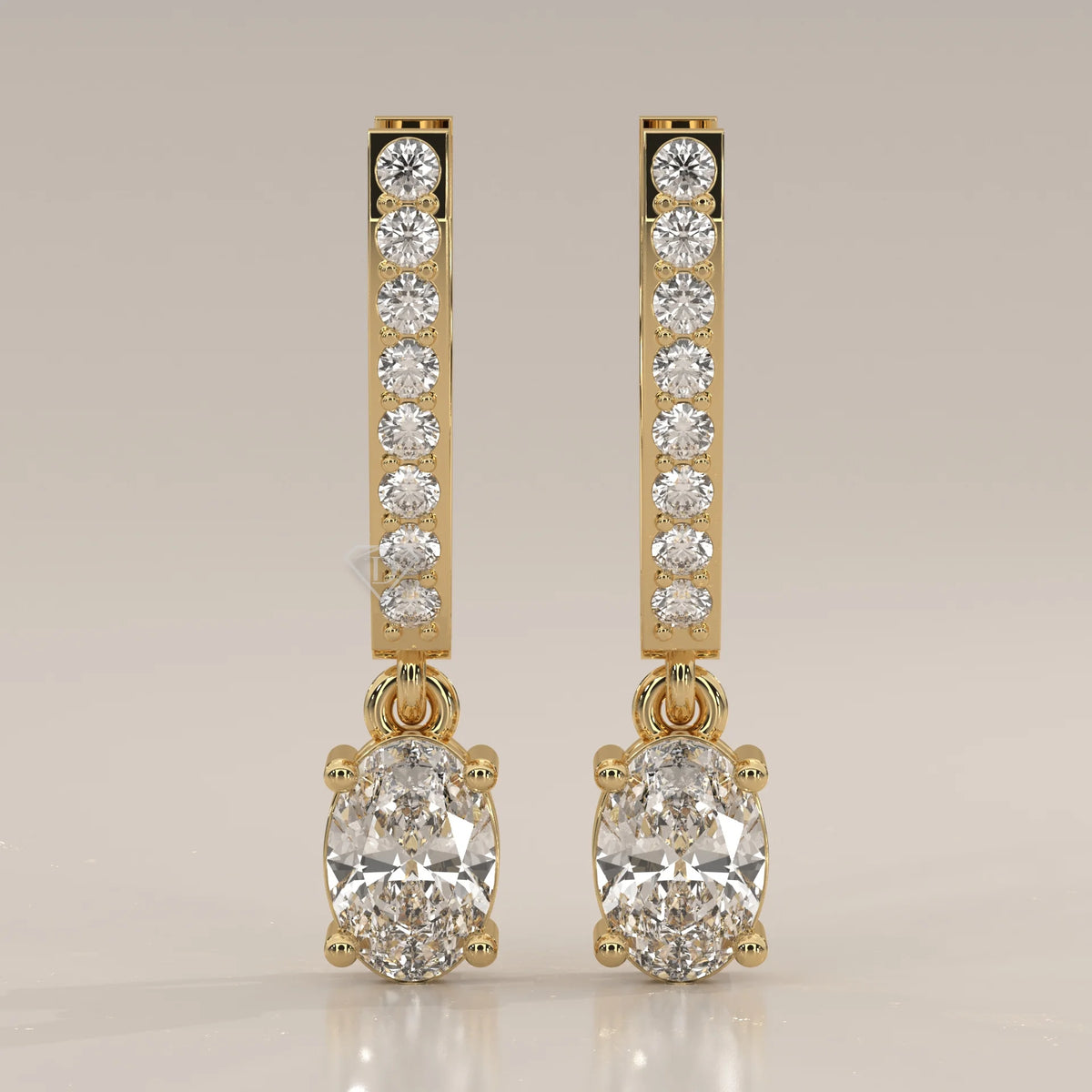 Front View: Oval Diamond Drop Earrings with Pavé Setting in Yellow Gold – Lab Grown – Driona Jewels