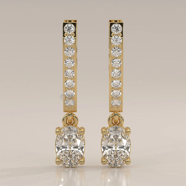 Front View: Oval Diamond Drop Earrings with Pavé Setting in Yellow Gold – Lab Grown – Driona Jewels