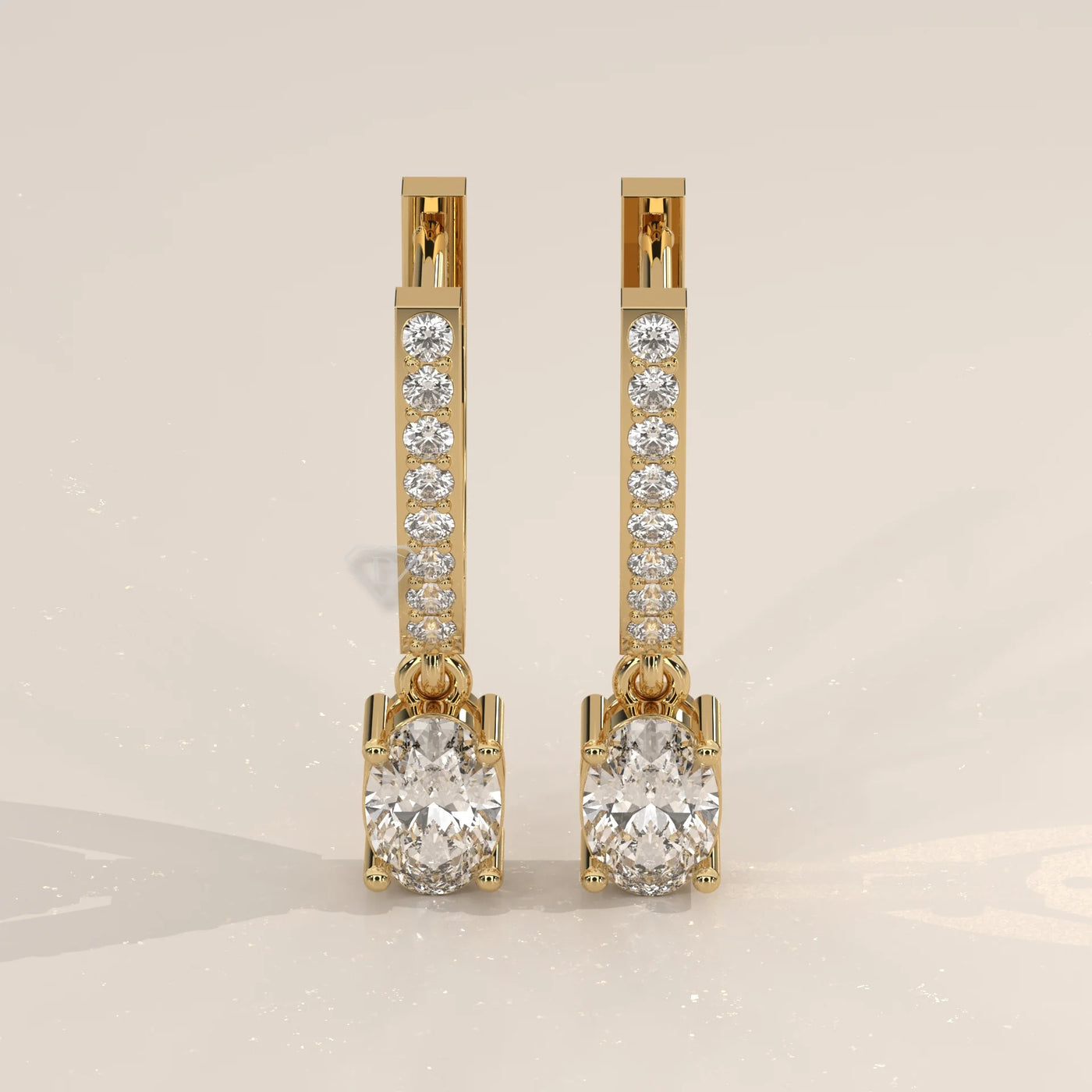 Pair Front View: Oval Diamond Drop Earrings with Pavé Setting in Yellow Gold – Lab Grown – Driona Jewels
