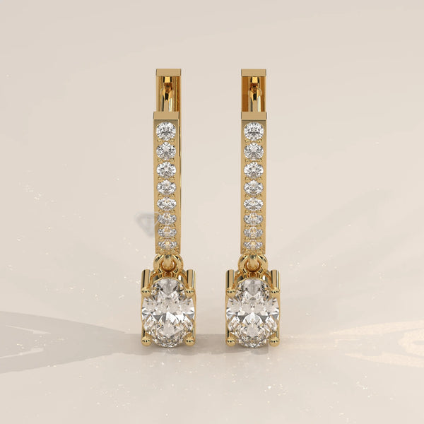 Pair Front View: Oval Diamond Drop Earrings with Pavé Setting in Yellow Gold – Lab Grown – Driona Jewels