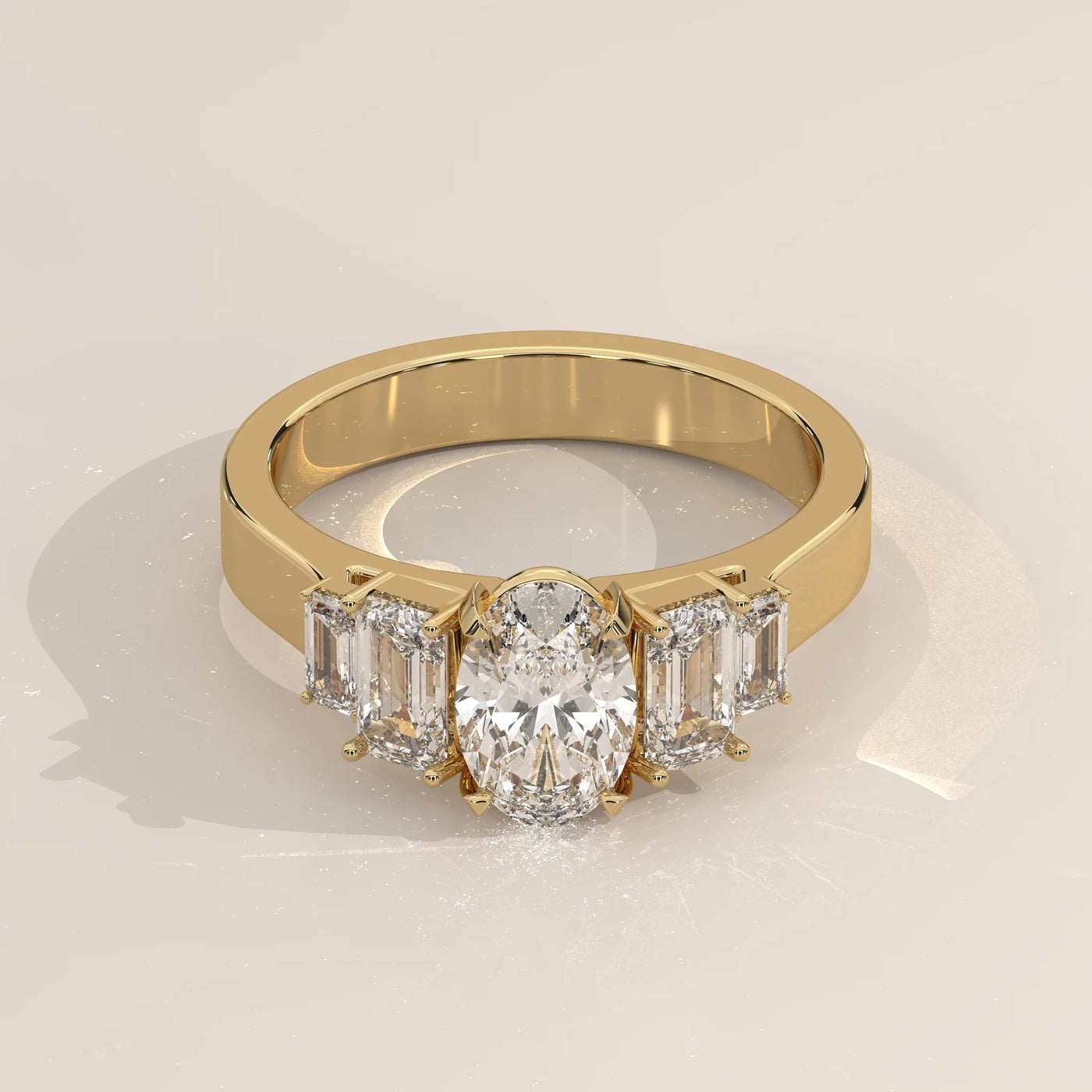 Three-Quarter View: Oval Diamond Ring with Three-Stone Setting in Yellow Gold – Lab Grown – Driona Jewels