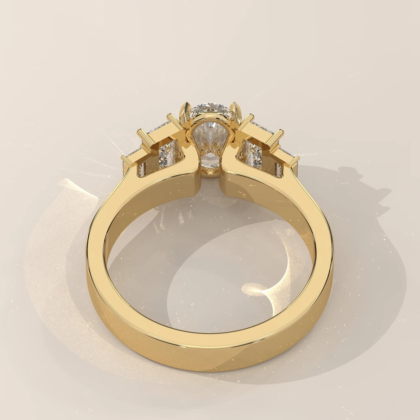 Top View: Oval Diamond Ring with Three-Stone Setting in Yellow Gold – Lab Grown – Driona Jewels