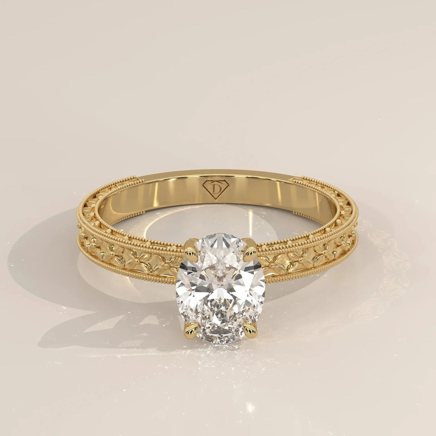 Front View: Oval Diamond Ring with Solitaire Setting in Yellow Gold – Lab Grown – Driona Jewels