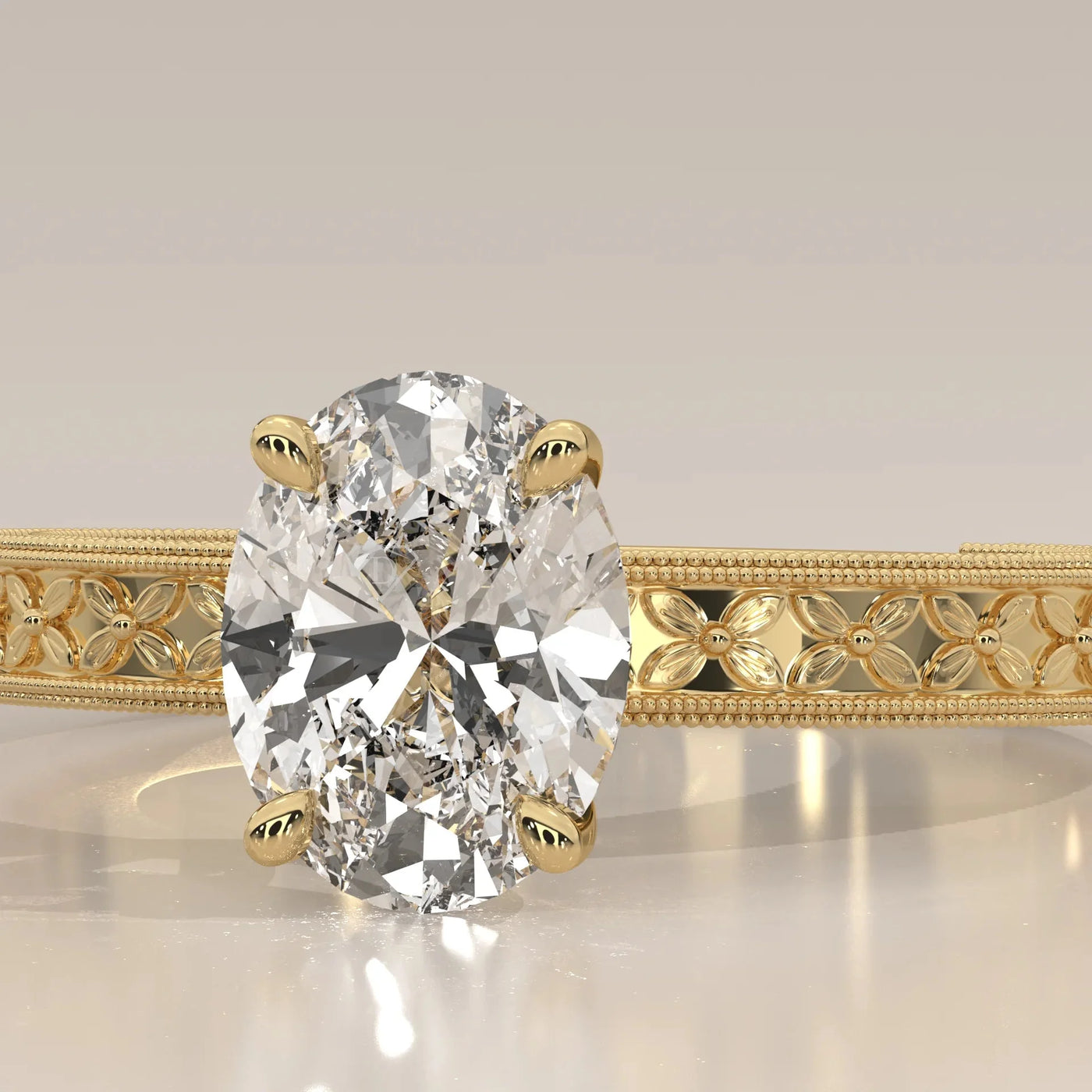 Front View: Oval Diamond Ring with Solitaire Setting in Yellow Gold – Lab Grown – Driona Jewels