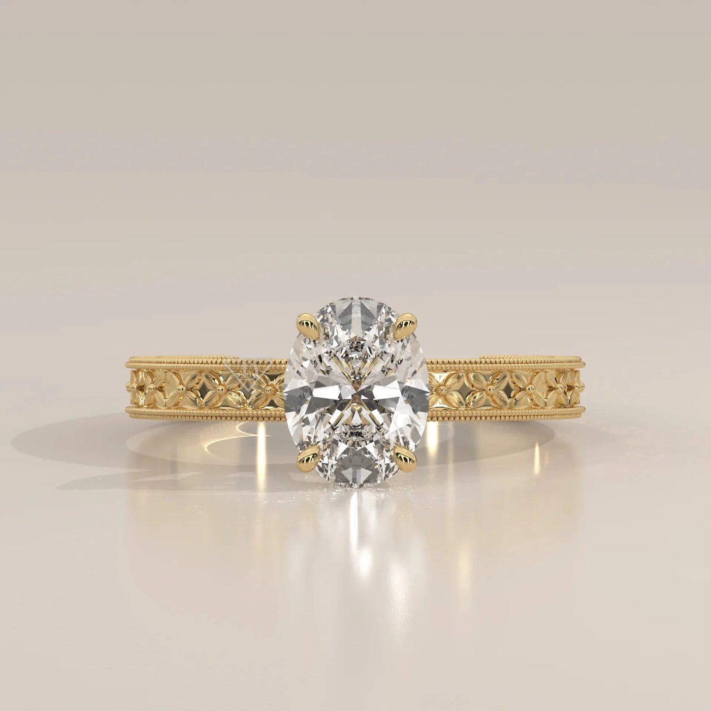 Front View: Oval Diamond Ring with Solitaire Setting in Yellow Gold – Lab Grown – Driona Jewels