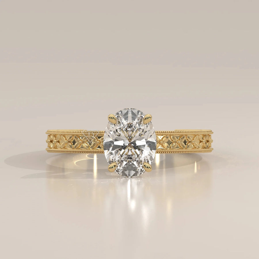 Front View: Oval Diamond Ring with Solitaire Setting in Yellow Gold – Lab Grown – Driona Jewels