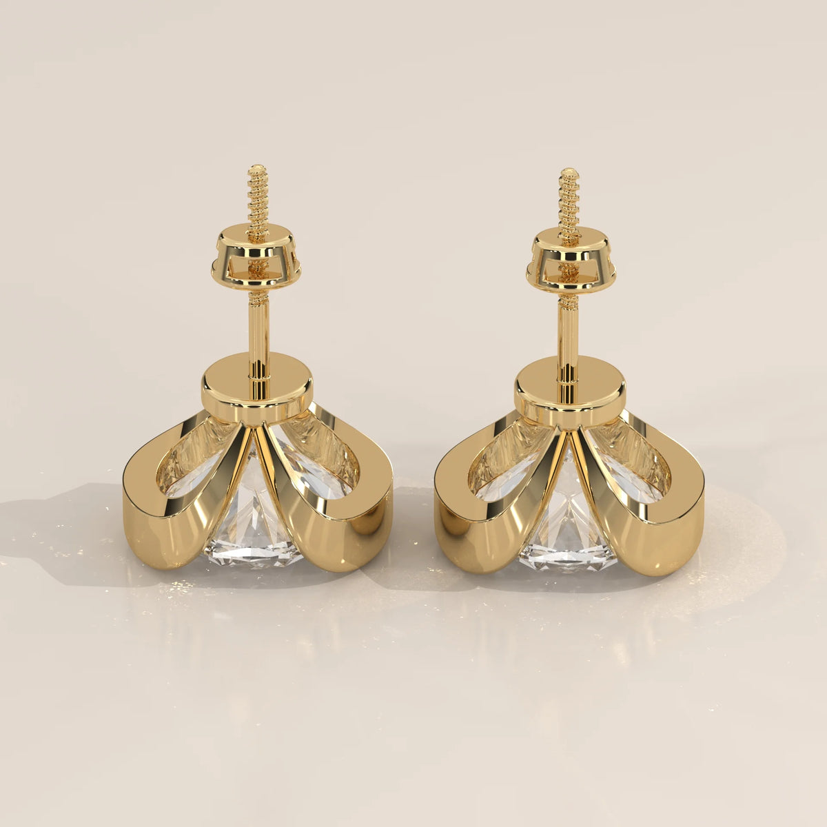 Oval Half Bezel Lab Grown Diamond Stud Earrings with Curved Bars in yellow gold, product photograph on a plain background.
