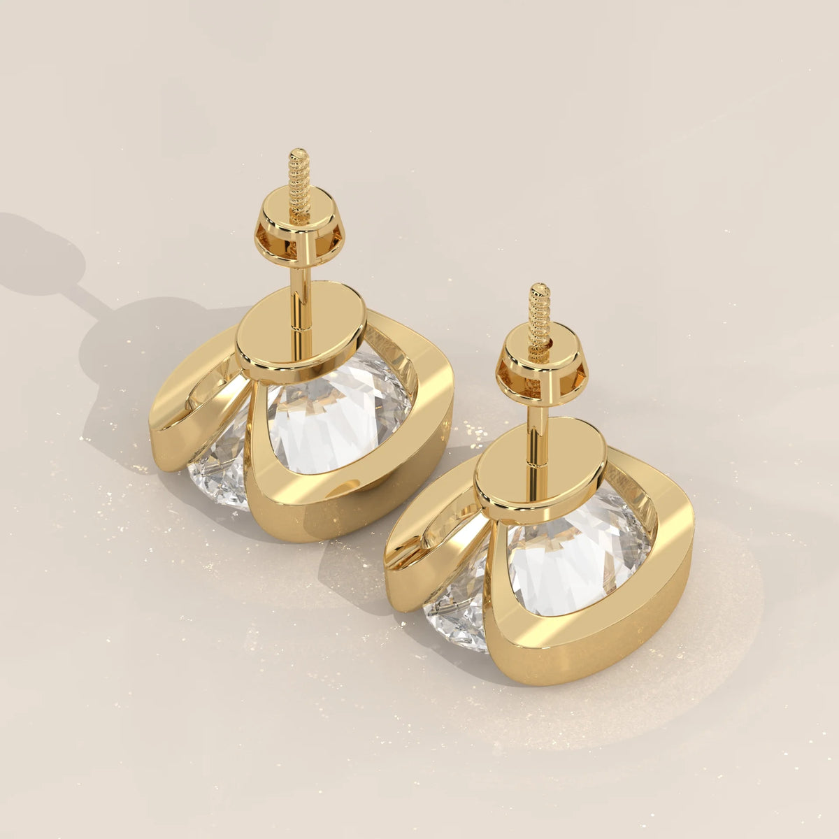 Oval Half Bezel Lab Grown Diamond Stud Earrings with Curved Bars in yellow gold, shown on a plain background.