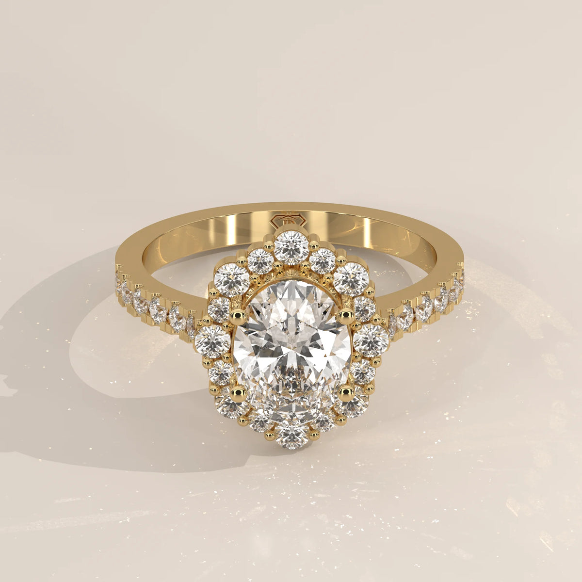 Oval Lab Grown Diamond Cluster Halo Ring with Pave Band in yellow gold, shown from the front.