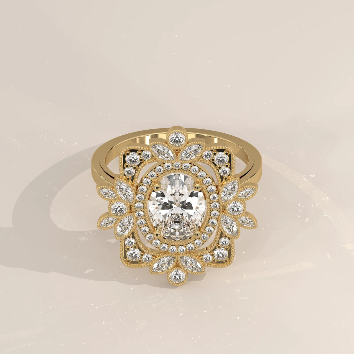 Oval diamond halo engagement ring in 14k yellow gold.