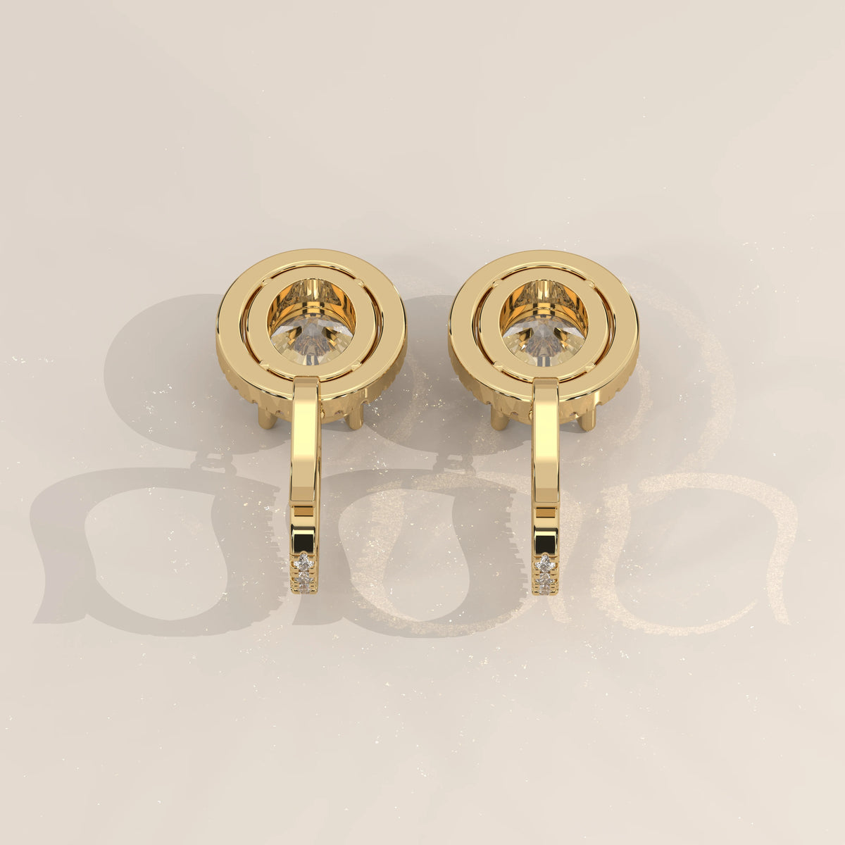 Oval Halo Lab Grown Diamond Drop Earrings with Pave Lever Back in yellow gold, shown at an angle.