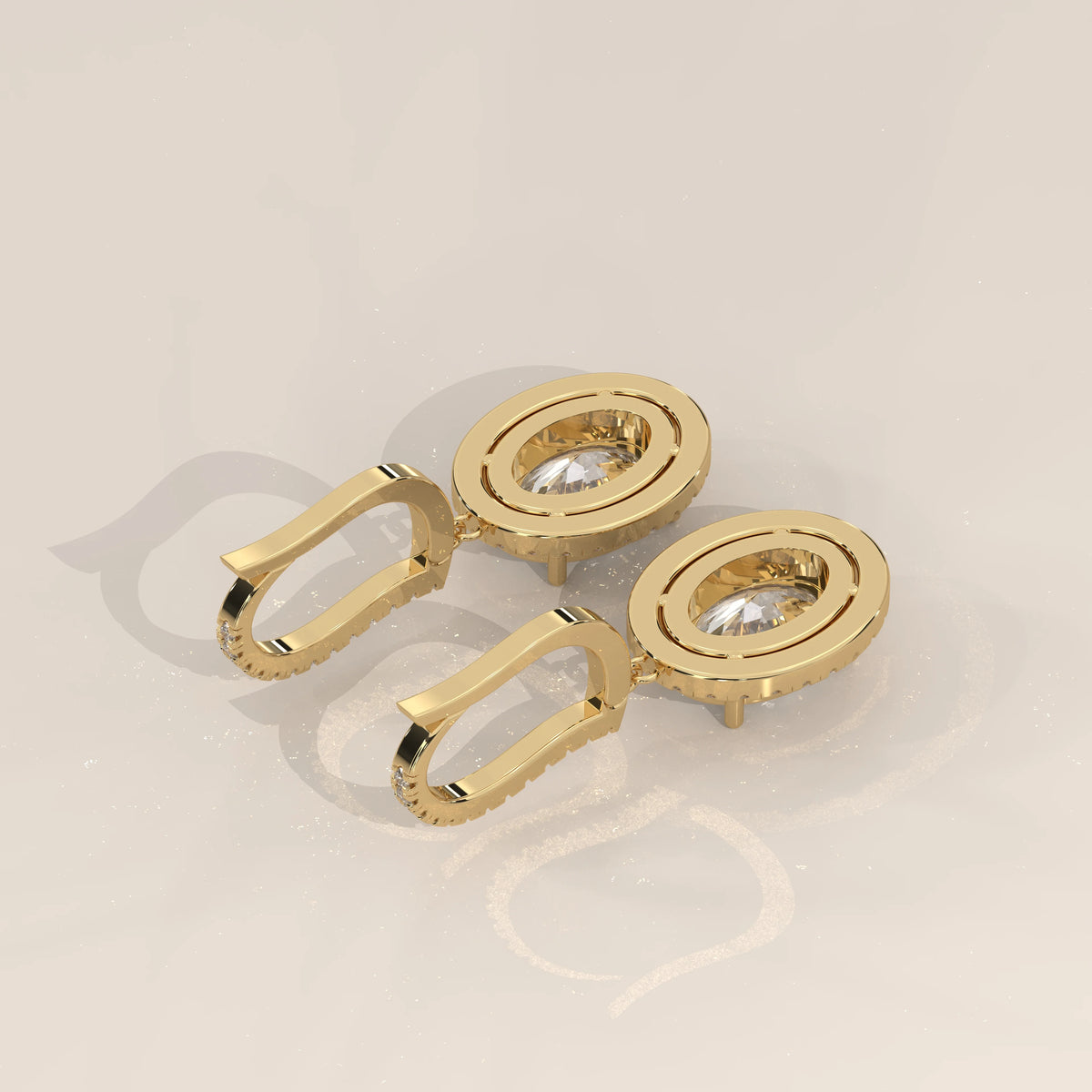 Oval Halo Lab Grown Diamond Drop Earrings with Pave Lever Back in yellow gold, shown on a plain background.