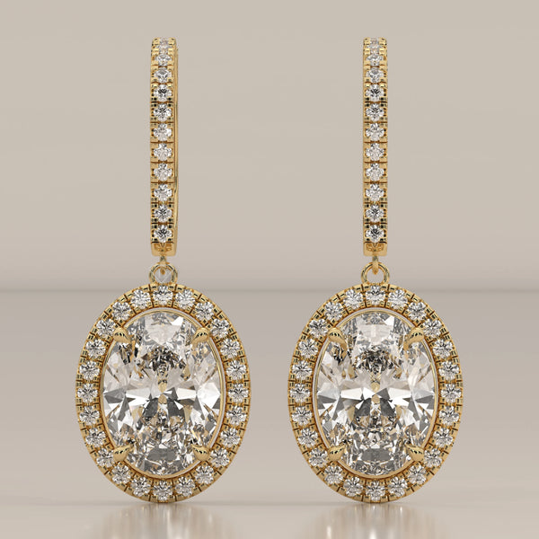 Oval Halo Lab Grown Diamond Drop Earrings with Pave Lever Back in yellow gold, shown from the front.