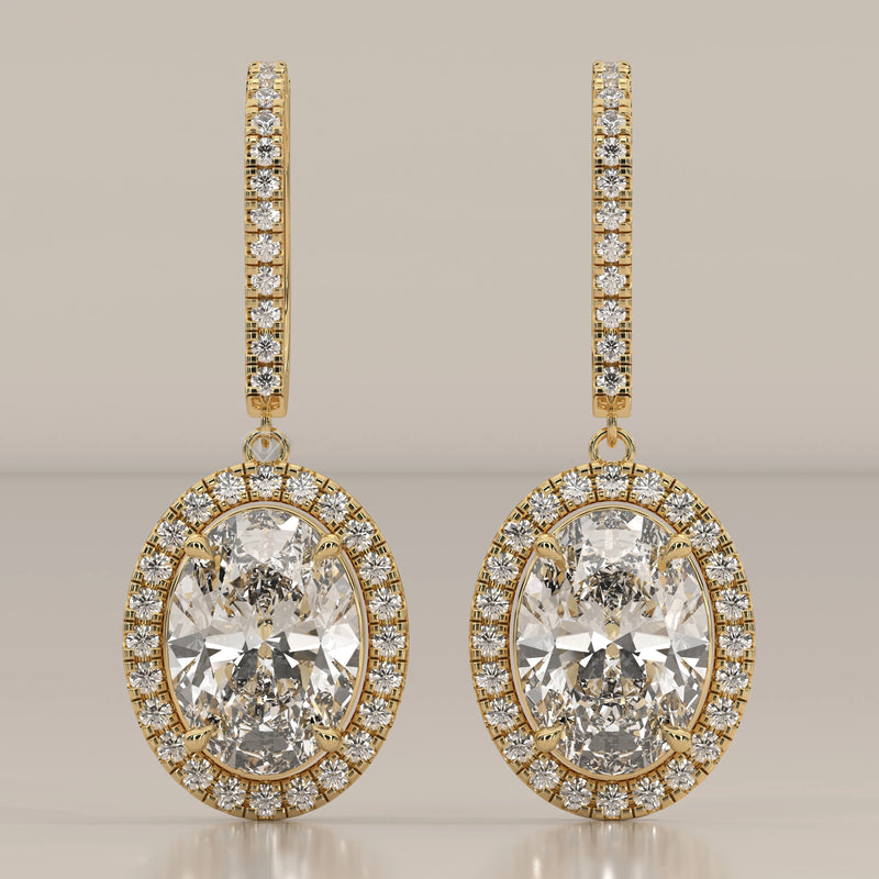 Oval Halo Lab Grown Diamond Drop Earrings with Pave Lever Back in yellow gold, shown from the front.