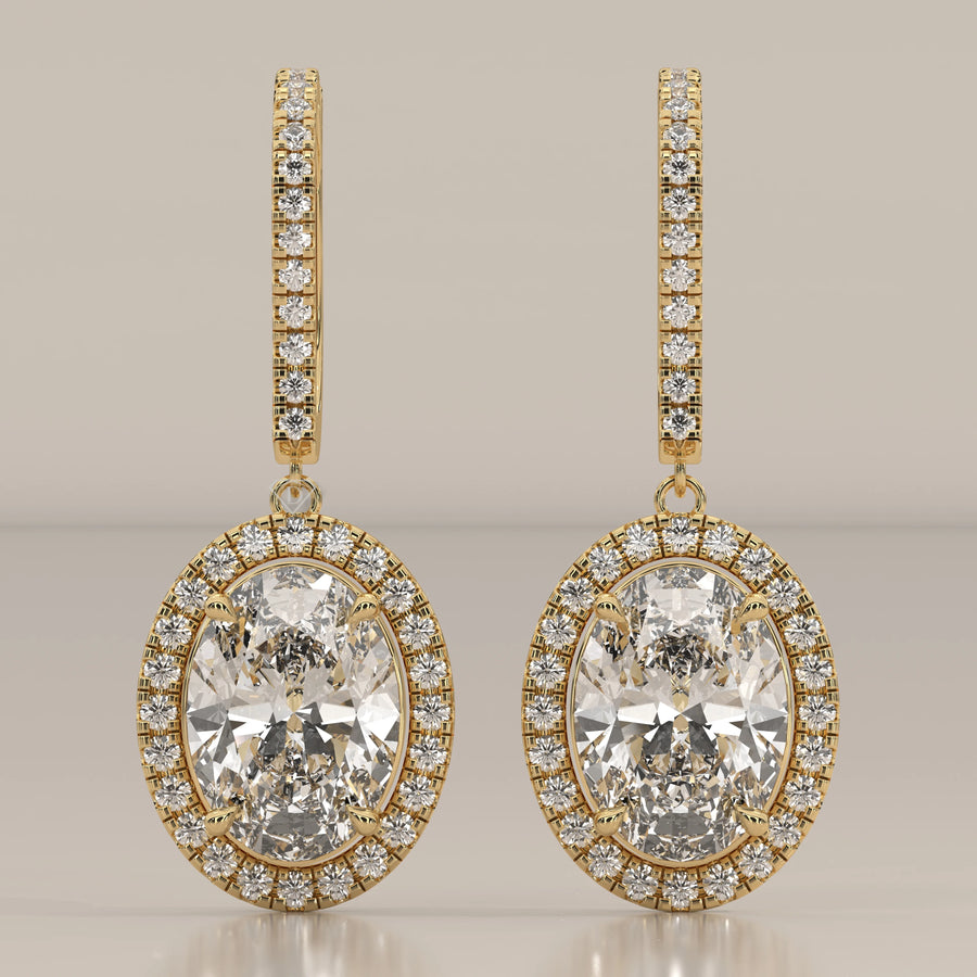Oval Halo Lab Grown Diamond Drop Earrings with Pave Lever Back in yellow gold, shown from the front.