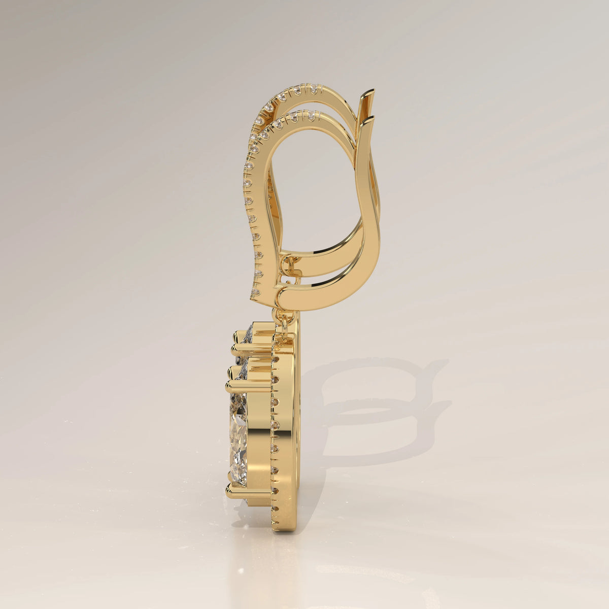 Oval Halo Lab Grown Diamond Drop Earrings with Pave Lever Back in yellow gold, photographed from the side.