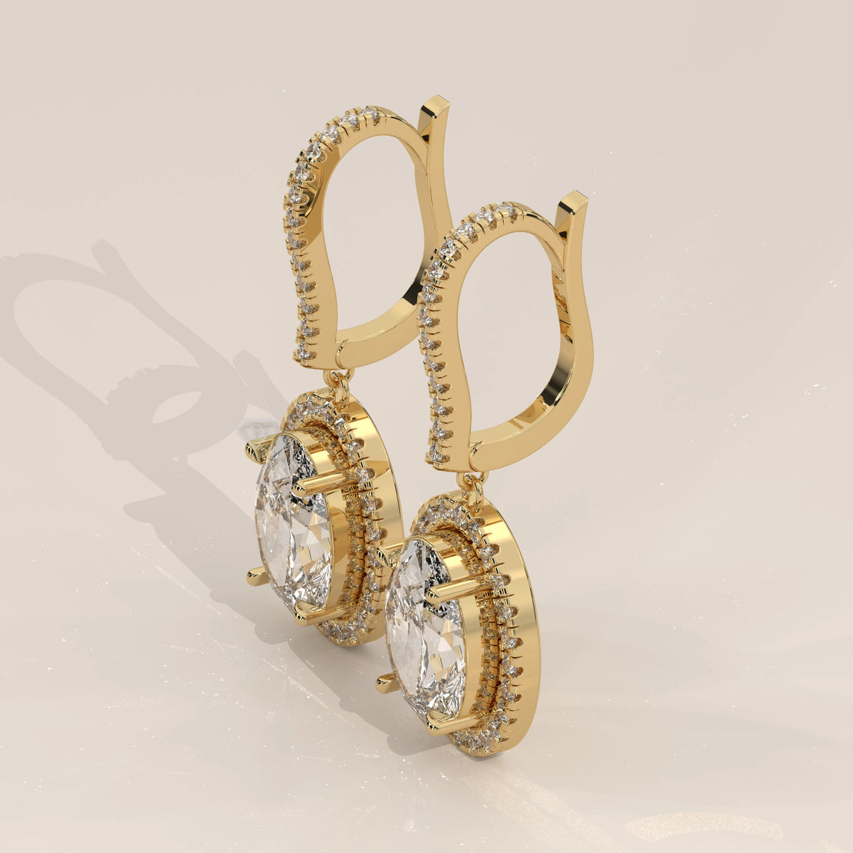 Oval Halo Lab Grown Diamond Drop Earrings with Pave Lever Back in yellow gold, shown from the side.