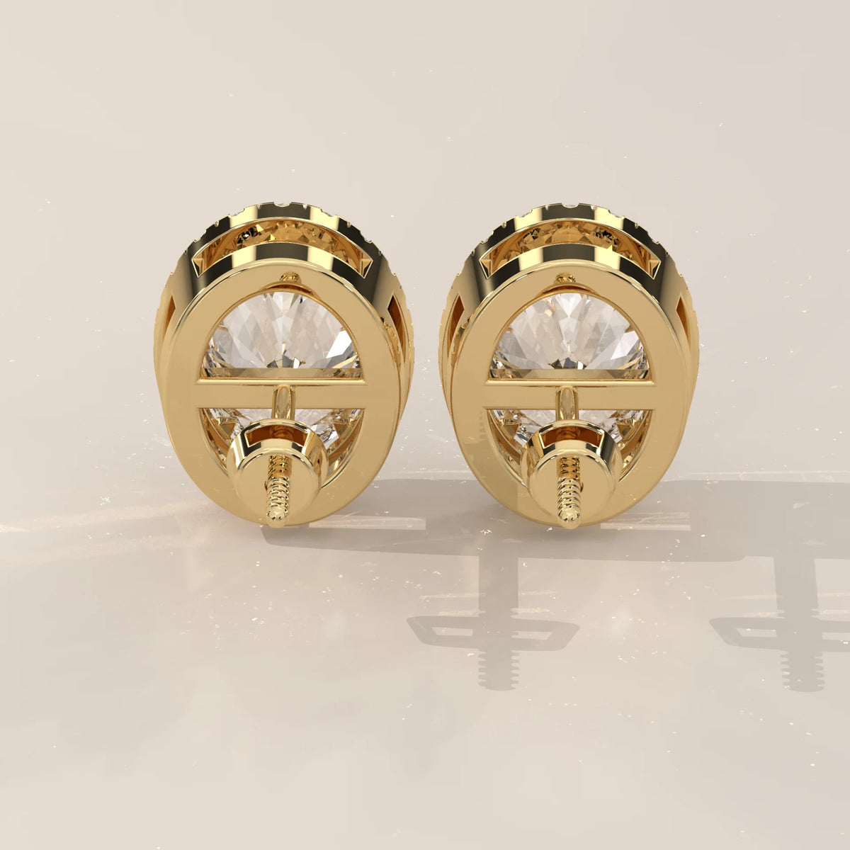 Oval Halo Lab Grown Diamond Stud Earrings with Screw Backs in yellow gold, photographed head-on.