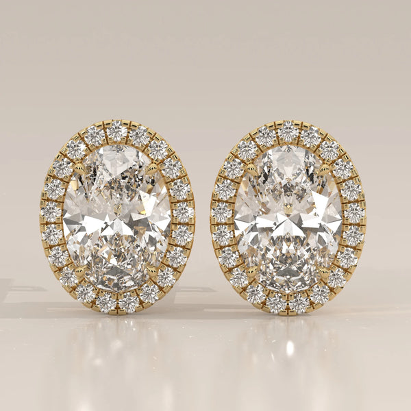 Oval Halo Lab Grown Diamond Stud Earrings with Screw Backs in yellow gold, shown from the front.