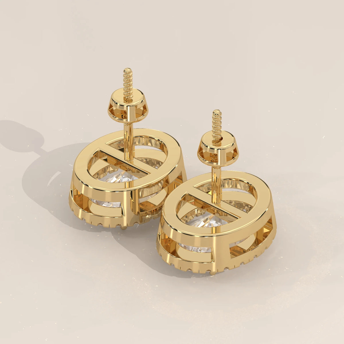 Oval Halo Lab Grown Diamond Stud Earrings with Screw Backs in yellow gold, shown from the side.