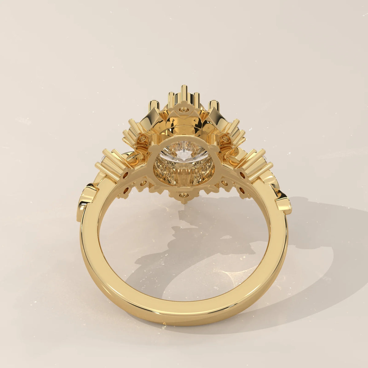 Back view: Oval Diamond Celestial Halo Ring with Claw Setting in 14K Yellow Gold – Lab Grown – Driona Jewels