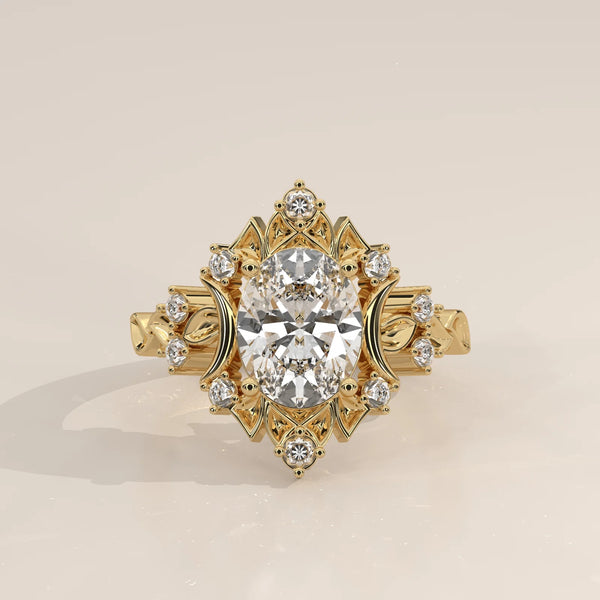 Front view: Oval Diamond Celestial Halo Ring with Claw Setting in 14K Yellow Gold – Lab Grown – Driona Jewels