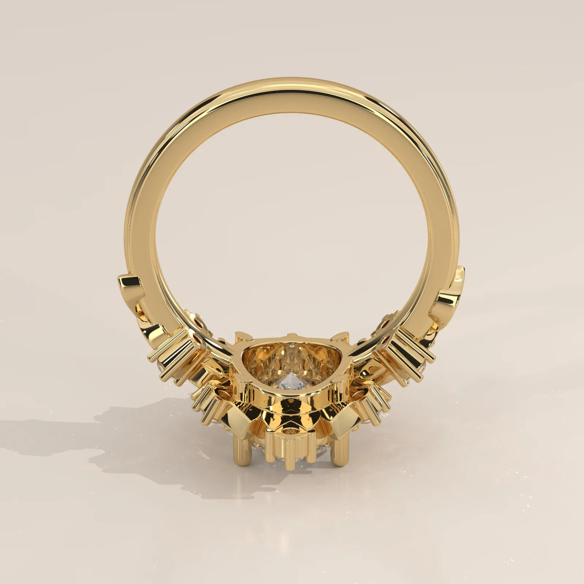 Profile view: Oval Diamond Celestial Halo Ring with Claw Setting in 14K Yellow Gold – Lab Grown – Driona Jewels