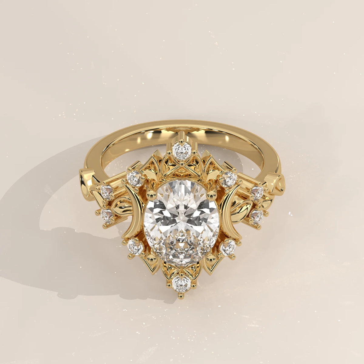 Three-quarter view: Oval Diamond Celestial Halo Ring with Claw Setting in 14K Yellow Gold – Lab Grown – Driona Jewels