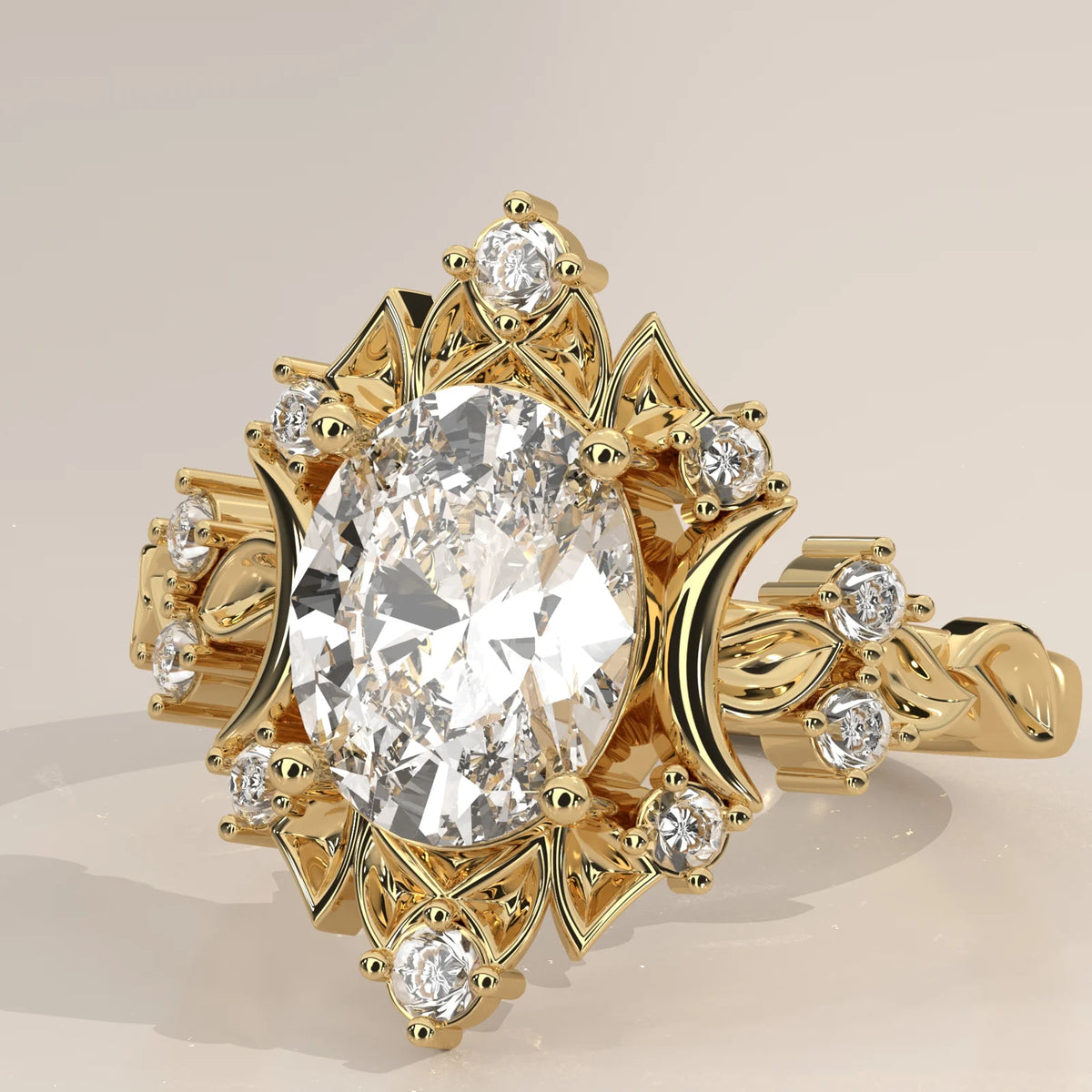Top close-up: Oval Diamond Celestial Halo Ring with Claw Setting in 14K Yellow Gold – Lab Grown – Driona Jewels