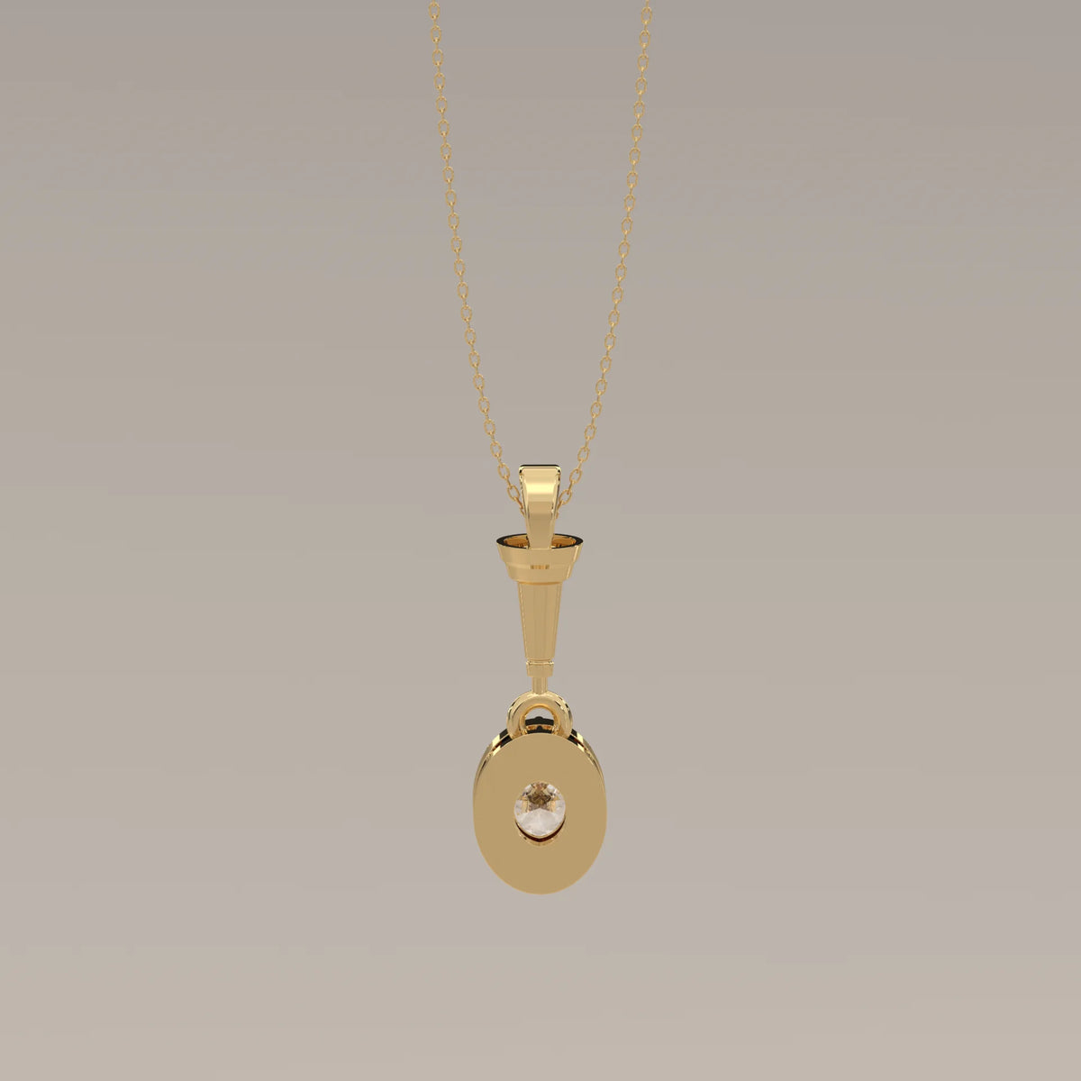 Oval Lab Grown Diamond Art Deco Pendant with Fluted Torch Bail in yellow gold, photographed head-on.