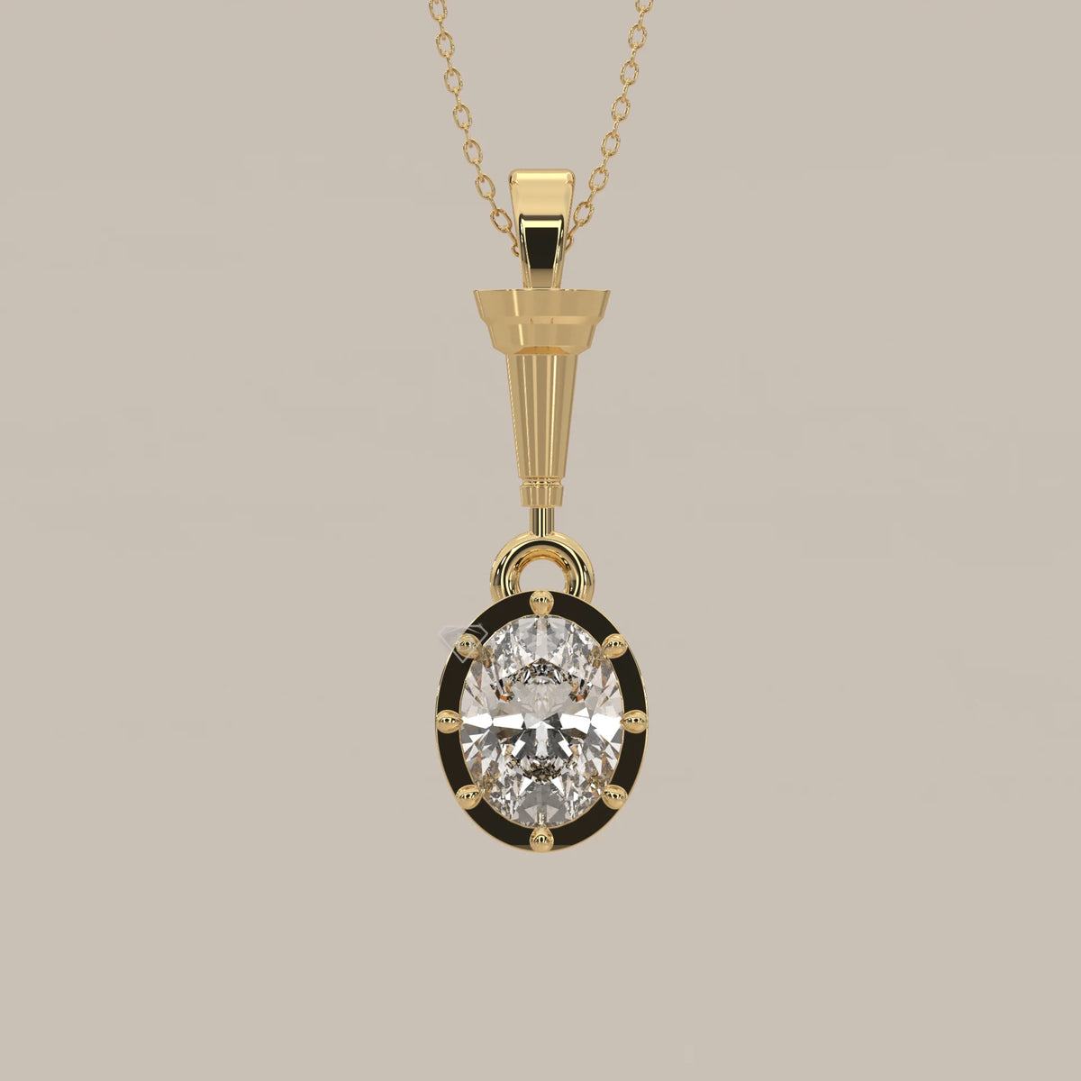 Oval Lab Grown Diamond Art Deco Pendant with Fluted Torch Bail in yellow gold, front view on a plain background.