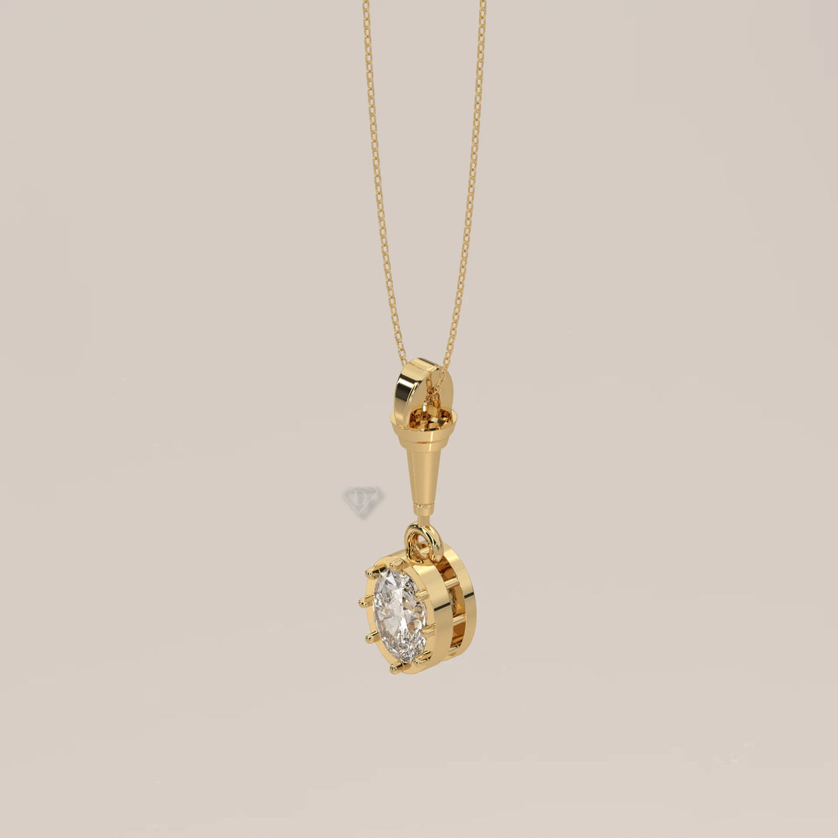 Oval Lab Grown Diamond Art Deco Pendant with Fluted Torch Bail in yellow gold, shown at an angle.