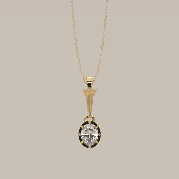 Oval Lab Grown Diamond Art Deco Pendant with Fluted Torch Bail in yellow gold, shown from the front.