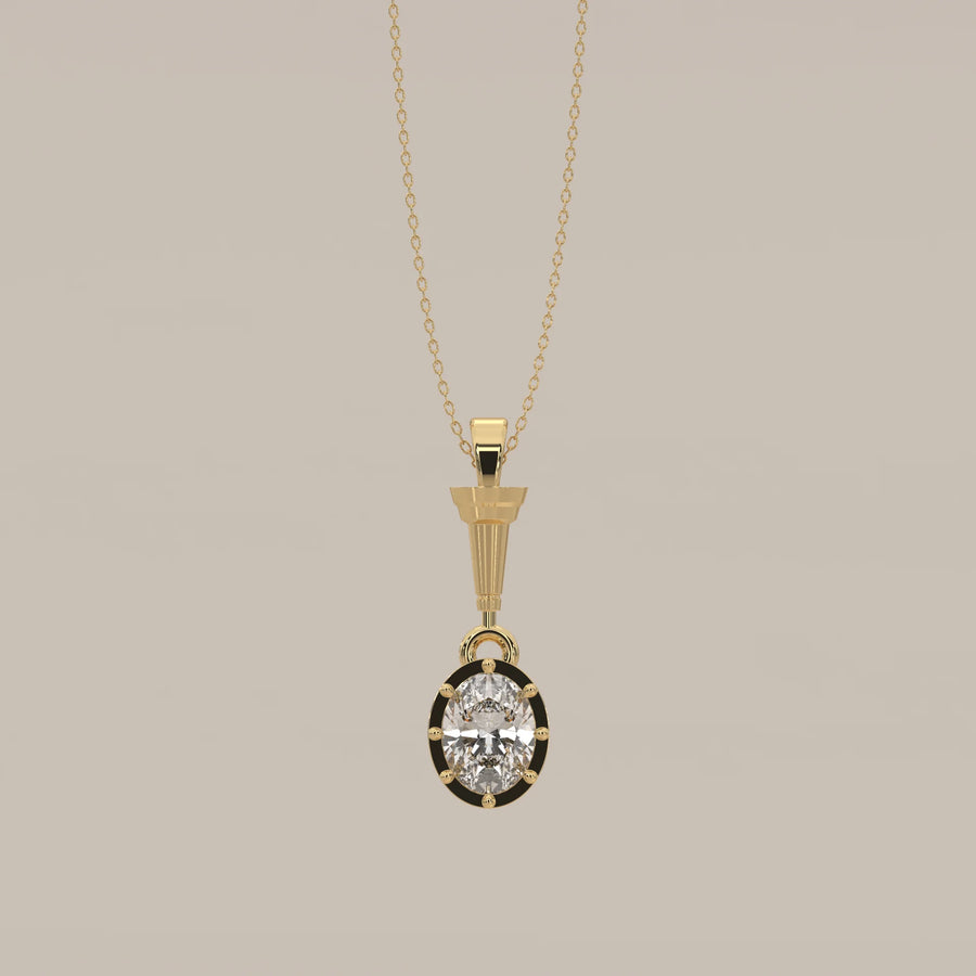 Oval Lab Grown Diamond Art Deco Pendant with Fluted Torch Bail in yellow gold, shown from the front.