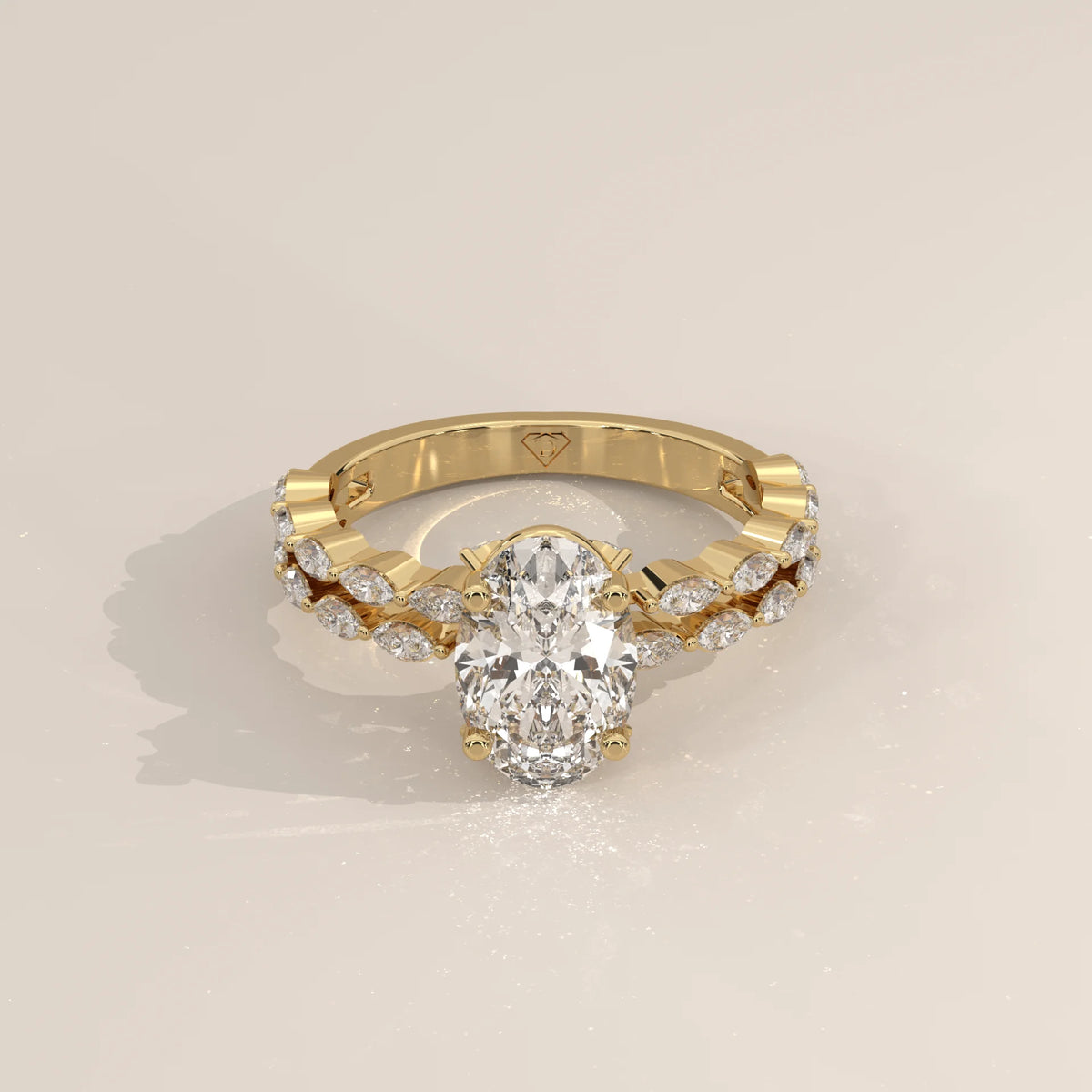 Oval Lab Grown Diamond Engagement Ring with Marquise Band in Yellow Gold - angled view - Driona Jewels