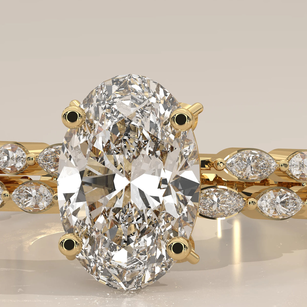 Oval Lab Grown Diamond Engagement Ring with Marquise Band in Yellow Gold - close-up of oval centre stone and marquise accents - Driona Jewels