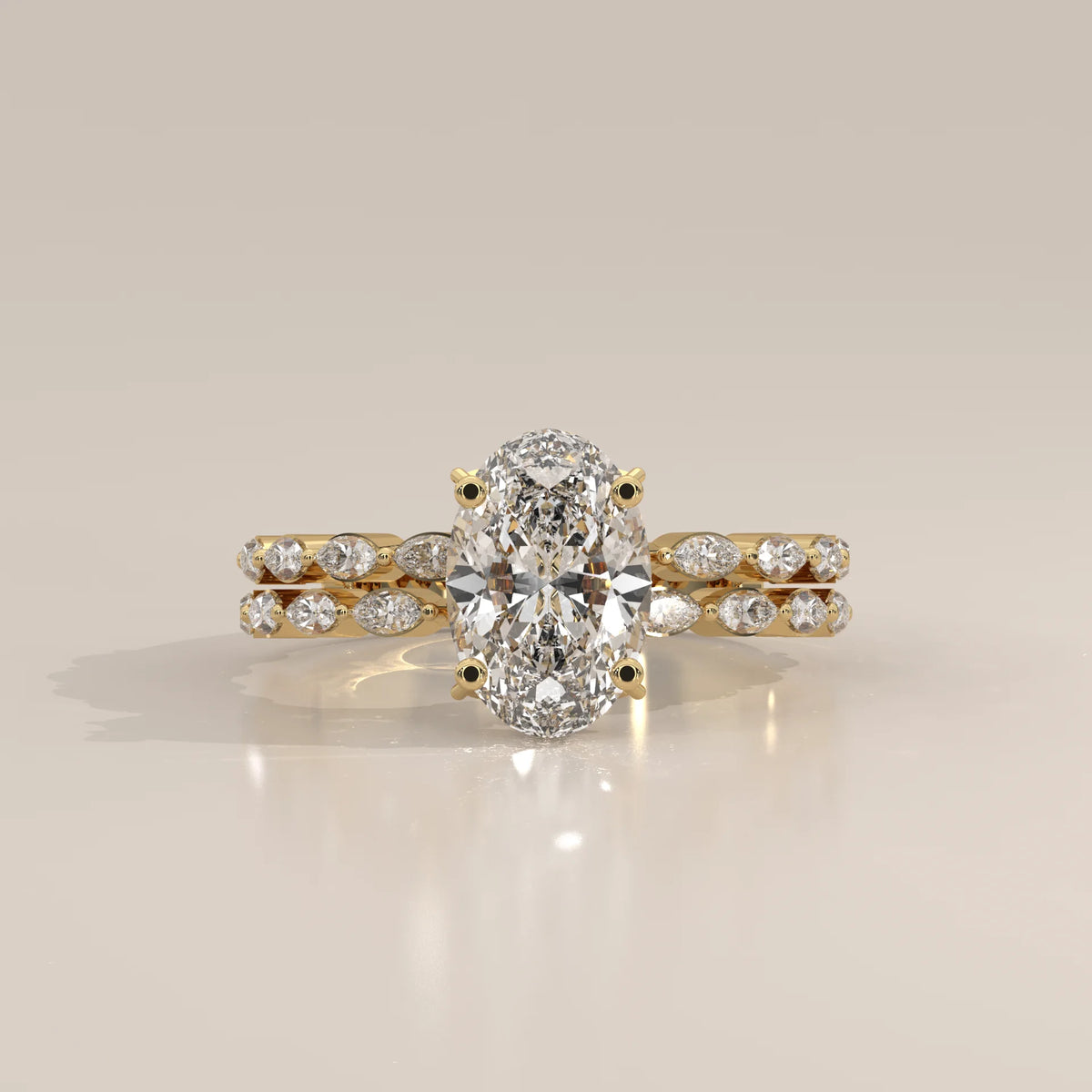 Oval Lab Grown Diamond Engagement Ring with Marquise Band in Yellow Gold - front view - Driona Jewels