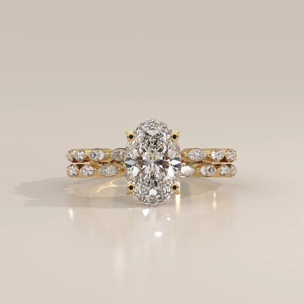 Oval Lab Grown Diamond Engagement Ring with Marquise Band in Yellow Gold - front view - Driona Jewels
