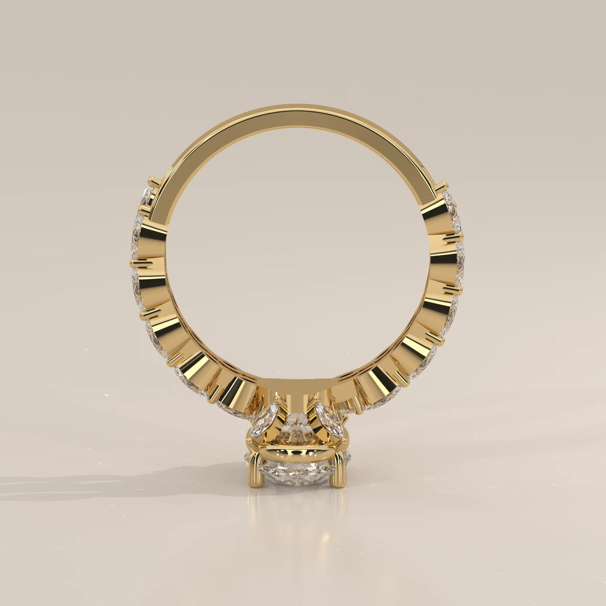 Oval Lab Grown Diamond Engagement Ring with Marquise Band in Yellow Gold - side profile - Driona Jewels