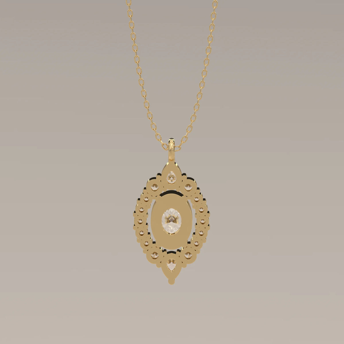 Oval Lab Grown Diamond Halo Pendant with Pear Accents Top and Bottom in yellow gold, photographed head-on.