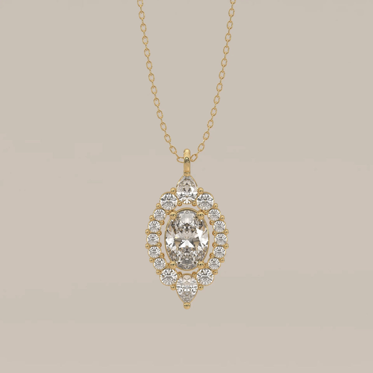 Oval Lab Grown Diamond Halo Pendant with Pear Accents Top and Bottom in yellow gold, shown from the front.