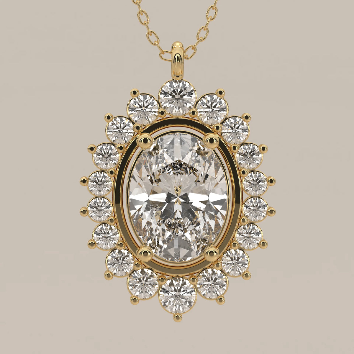 Oval Lab Grown Diamond Sunburst Halo Pendant with Alternating Rounds in yellow gold, front view on a plain background.