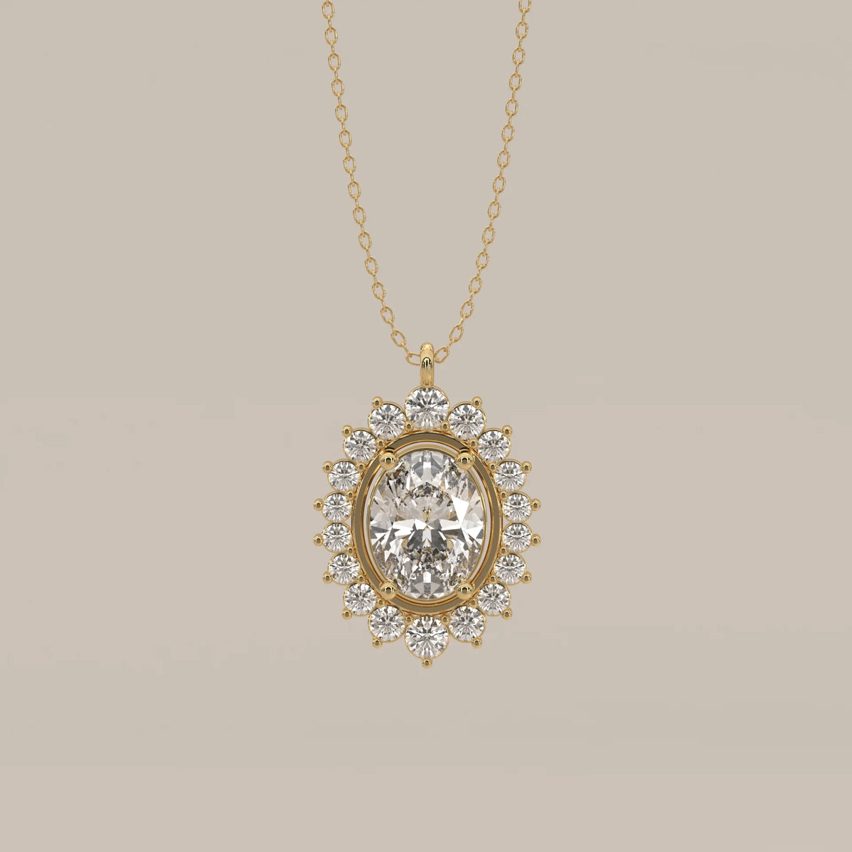 Oval Lab Grown Diamond Sunburst Halo Pendant with Alternating Rounds in yellow gold, shown from the front.