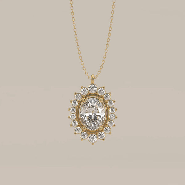 Oval Lab Grown Diamond Sunburst Halo Pendant with Alternating Rounds in yellow gold, shown from the front.