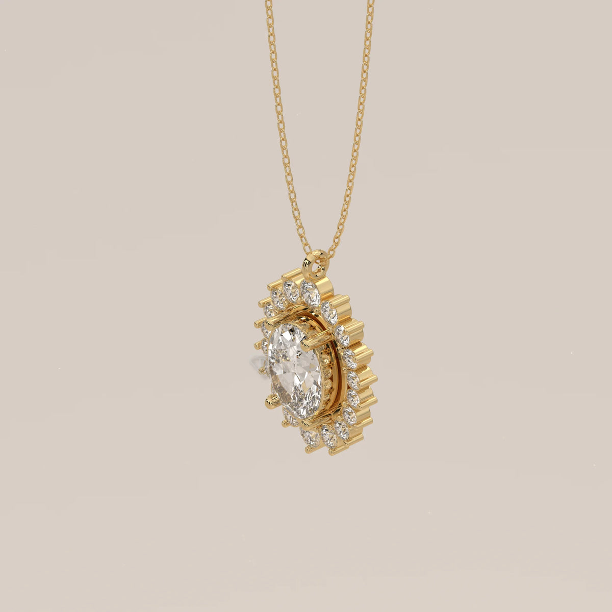 Oval Lab Grown Diamond Sunburst Halo Pendant with Alternating Rounds in yellow gold, shown from the side.
