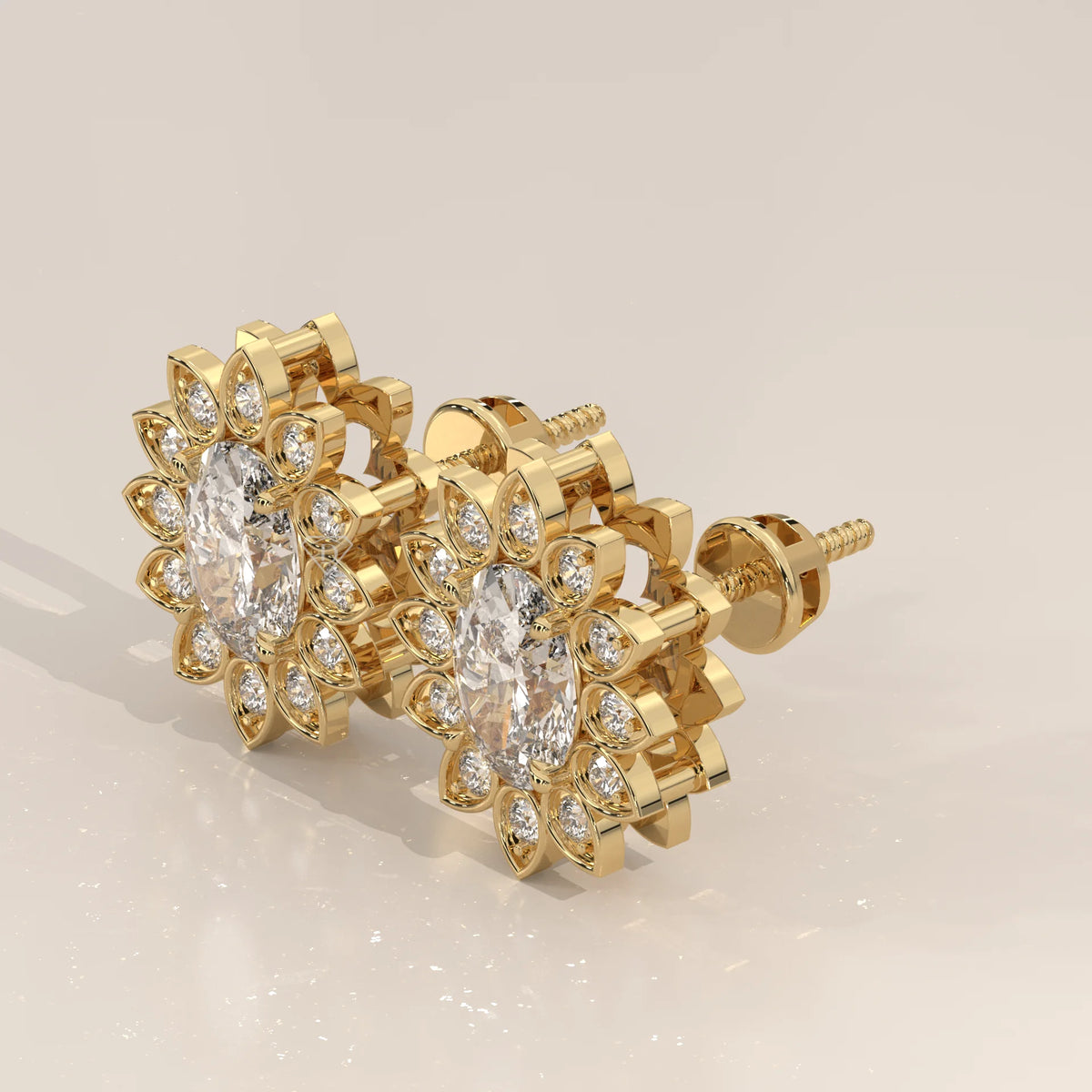 Oval Lab Grown Diamond Sunflower Halo Stud Earrings in yellow gold, shown on a plain background.