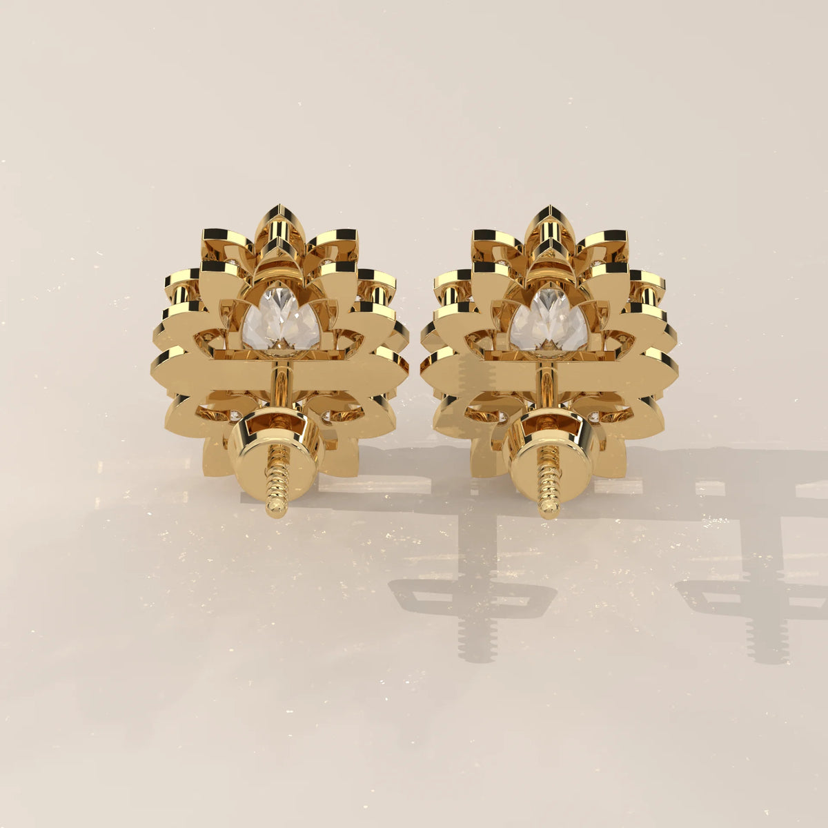 Oval Lab Grown Diamond Sunflower Halo Stud Earrings in yellow gold, photographed head-on.