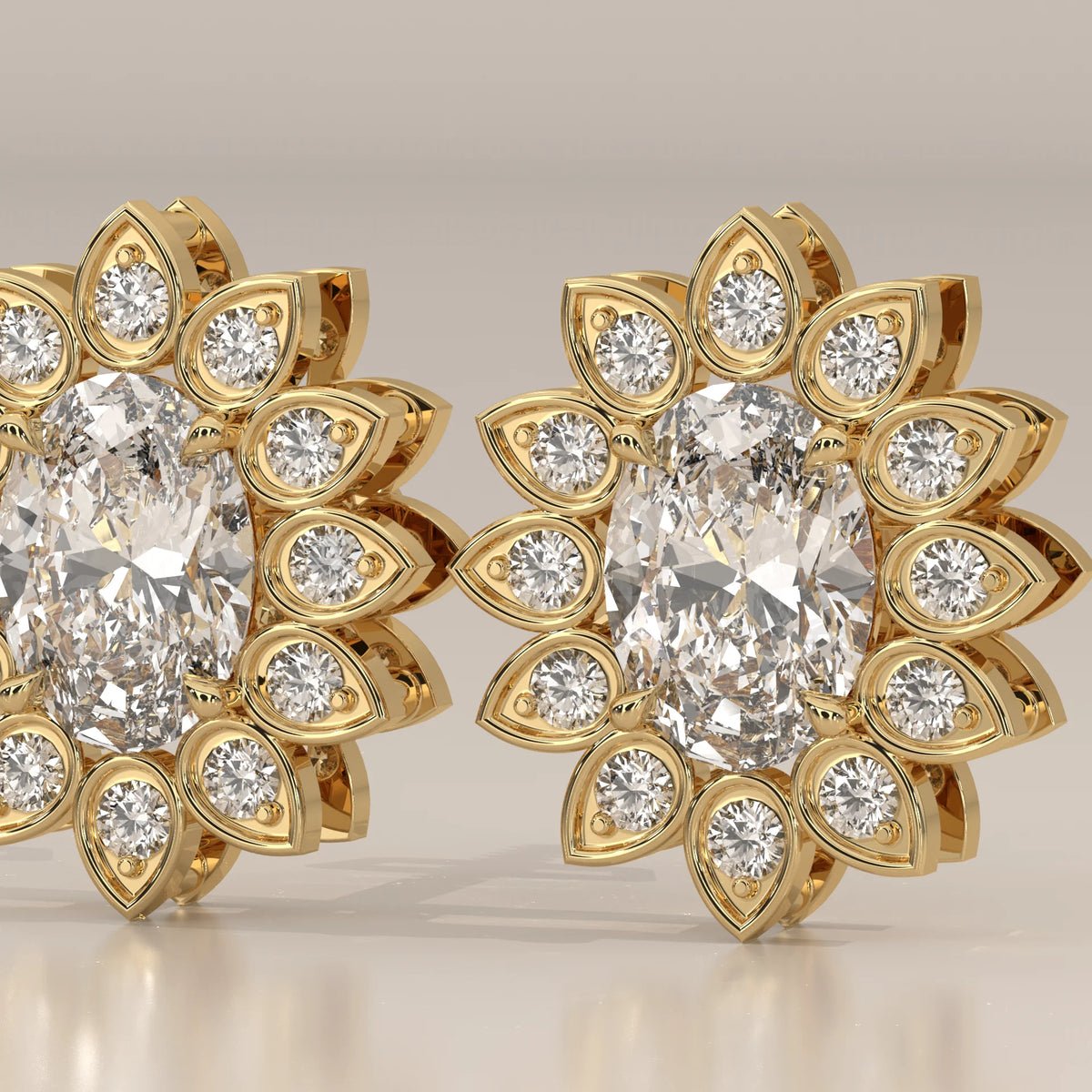 Oval Lab Grown Diamond Sunflower Halo Stud Earrings in yellow gold, front view on a plain background.