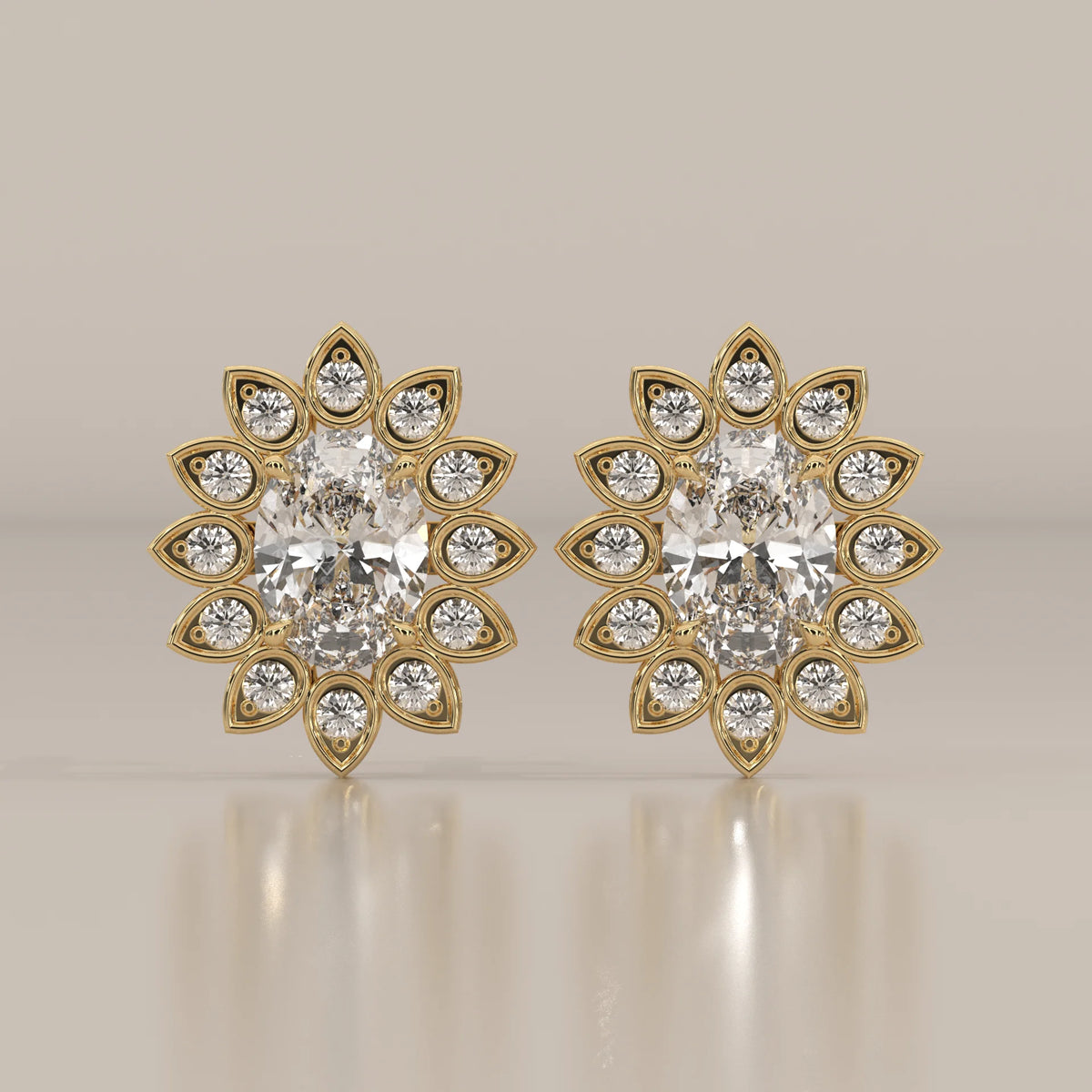 Oval Lab Grown Diamond Sunflower Halo Stud Earrings in yellow gold, shown from the front.