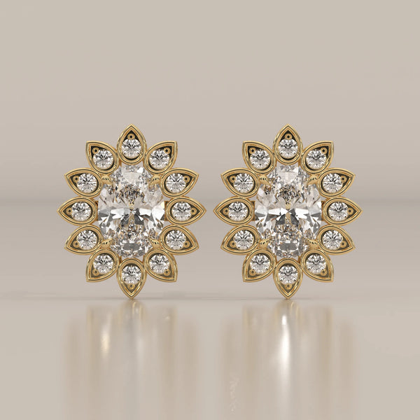 Oval Lab Grown Diamond Sunflower Halo Stud Earrings in yellow gold, shown from the front.